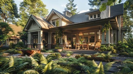 suburban home with a craftsman style facade, featuring a deep front porch with handcrafted wooden furniture and a garden with native ferns and shade trees