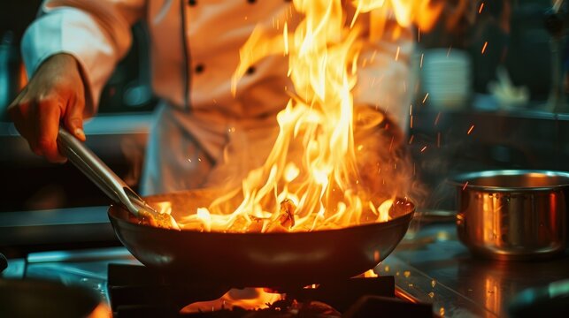 a chef expertly igniting a pan with flames, adding dramatic flair to the cooking process