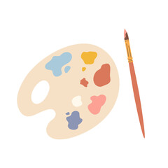 Simple palette with paints and brushe, paintbrush. Top view of painter artist tools isolated on white
