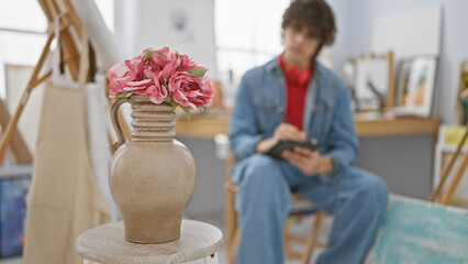 A young bearded man drawing on a tablet in an art studio, surrounded by canvases and a vase of...