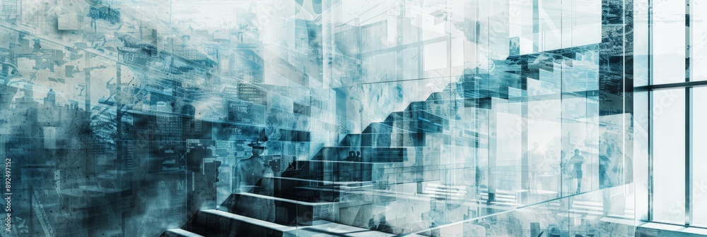 Poster Abstract architectural background with a futuristic staircase design in blue tones. Perfect for modern construction and design concepts.