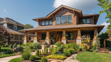 suburban house with a craftsman style design, featuring wood siding, large front porch columns, and a garden filled with native plants and shrubs