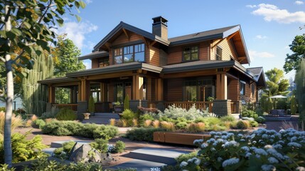 suburban house with a craftsman style design, featuring wood siding, large front porch columns, and a garden filled with native plants and shrubs