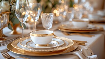 Elegant table setting with fine china, gold accents, and crystal glassware. Perfect for formal dining and special occasions.