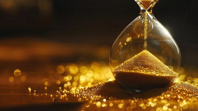 Golden hourglass with flowing sand symbolizes the passage of time. Shiny grains scatter, creating a striking visual effect.