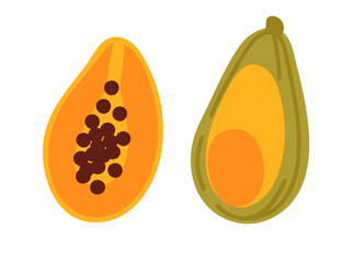 Set of two papayas, one halved and second whole. Papaya tropical fruit with seeds. Vector illustration isolated on white background
