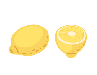Two fresh yellow lemons. Halved and whole citrus tropical fruit, with juicy segmented juice sac. Vector illustration isolated on white background