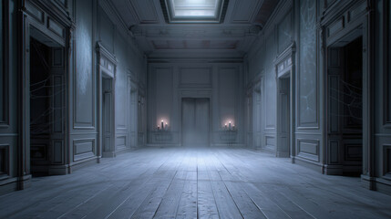 Elegant, dimly lit hallway with classic architectural details. High ceilings and multiple doors add a mysterious and timeless ambiance.