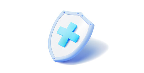 Obraz premium 3D illustration of a blue shield featuring a prominent cross symbol in the center. This design represents protection, healthcare, and security. Ideal for use in medical, healthcare. Vector