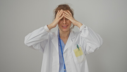 Stressed young woman in a lab coat with a badge against a white background covers her face with her hands.