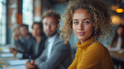 Young Woman in Business Meeting. Young woman with curly hair attending a business meeting, sitting among colleagues in a modern office setting.