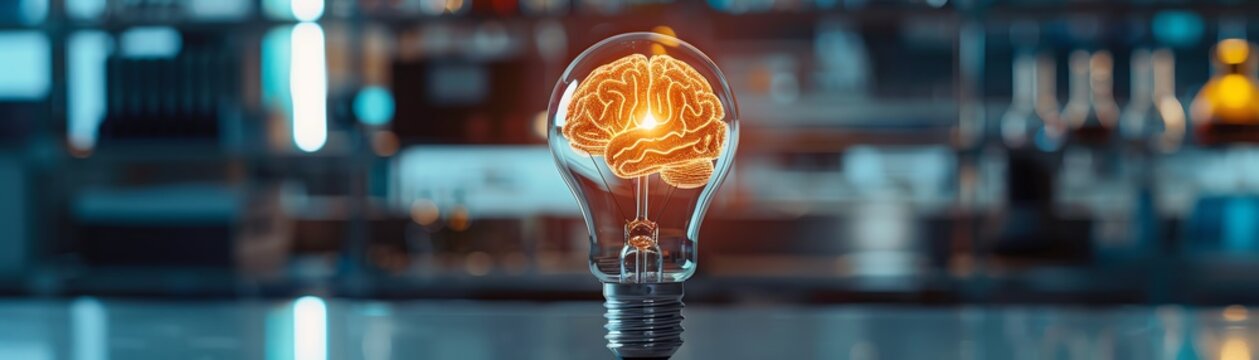 An illuminated light bulb with a glowing brain inside, set in a scientific laboratory, symbolizes innovation, intelligence, and ideas
