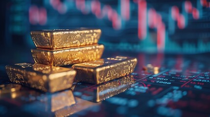 Closeup of gold bars with stock market charts in the background