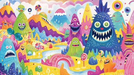 fantasy nursery decor, cute monsters having fun in a candy-filled world, perfect for a toddlers nursery wallpaper with a whimsical doodle design