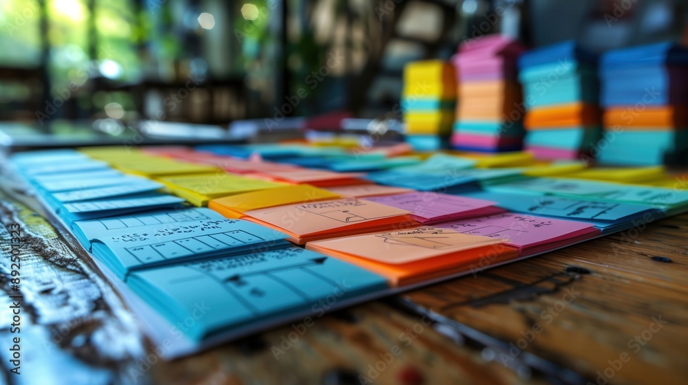 Poster stacks of colorful sticky notes on wooden table. multiple stacks of colorful sticky notes arranged o