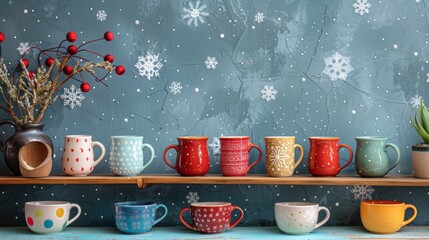winter-themed ceramic mugs, cute winter-themed ceramic mugs decorating a floating shelf against a snowflake-printed backdrop, infusing a playful vibe to the space