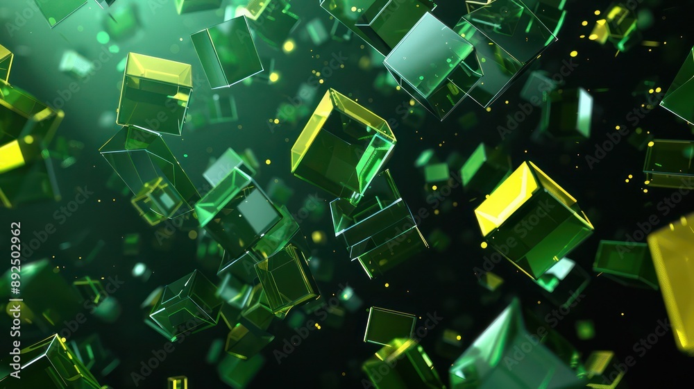 Fototapete 3d render of a plexus of green and yellow geometric shapes floating on a black backdrop, designed wi
