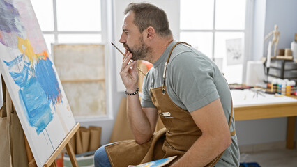 Fototapeta premium Hispanic mature man in apron thoughtfully examines painting in an art studio