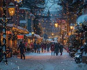 Obraz premium a group of people walking down a snow covered street