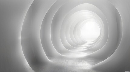 A visually captivating abstract white tunnel showcasing smooth, curving walls with a bright, radiant light at the end, inducing a sense of depth and tranquility.