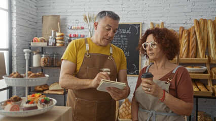 Man and woman in bakery discussing orders as woman holds coffee, shelves with bread and pastries in background