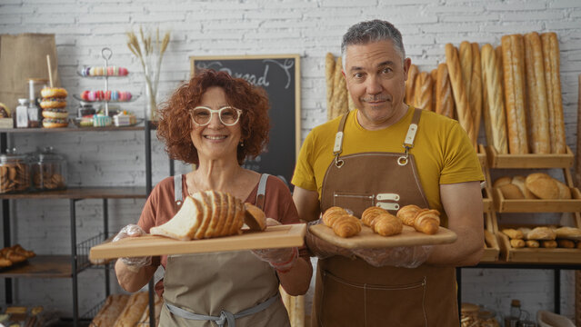 Two bakers, man and woman, smiling together while holding trays of fresh bread and pastries in a bakery interior filled with various baked goods
