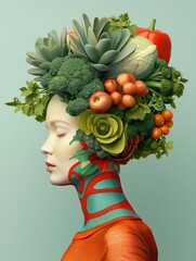 Profile of a woman with eyes closed and a colorful neck and shoulders, modeling with a headdress of vegetables, fruits, and flowers