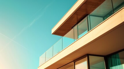 Fototapeta premium Perspective Side View Modern Beige Deck House Against Blue Sky