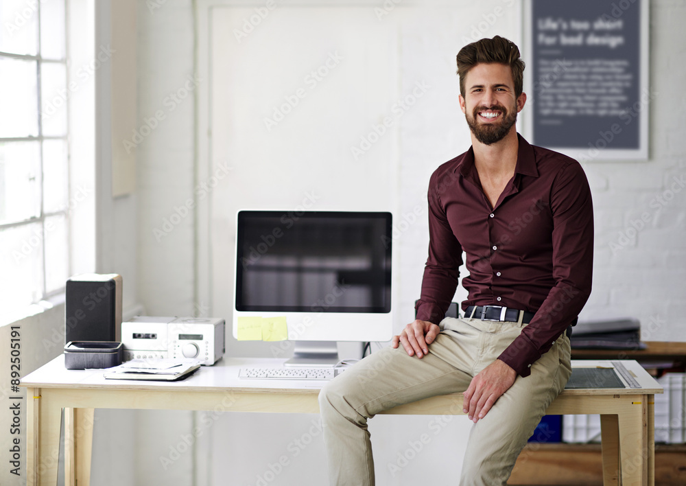 Fototapete Computer, portrait and smile of web development man in office for administration of creative programming. Business, desk and tech with website developer in professional workplace for IT support