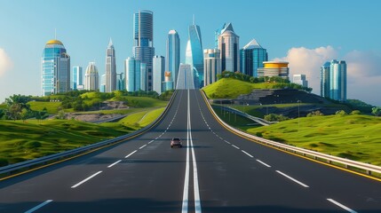 Fototapeta premium Modern empty highway with futuristic buildings, high-tech surroundings, bright blue sky, horizontal orientation