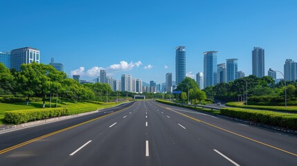 Obraz premium Advanced urban landscape, high-tech architecture, empty modern highway, bright blue sky, horizontal format