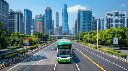 Modern urban environment, high-tech futuristic buildings, empty highway, bright blue sky, horizontal format