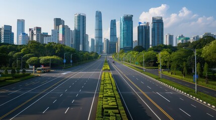Futuristic high-tech city, empty modern highway, sleek buildings, bright blue sky, horizontal orientation
