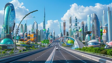 Modern high-tech buildings along an empty highway, futuristic cityscape, bright blue sky, horizontal layout