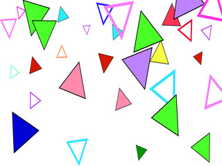 Party background with geometric shapes, triangles, dots, sprinkles. Pastel colors.