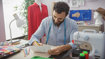 A bearded man tailoring in a brightly lit atelier, surrounded by colorful fabrics, a sewing...