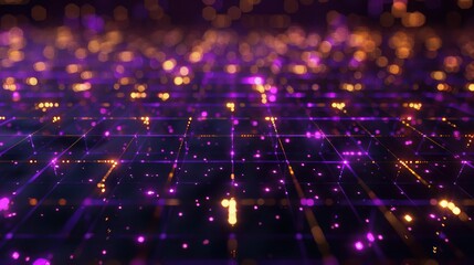 Complex grid of purple and gold fibers, glowing intensely on a shadowy background, with room for text