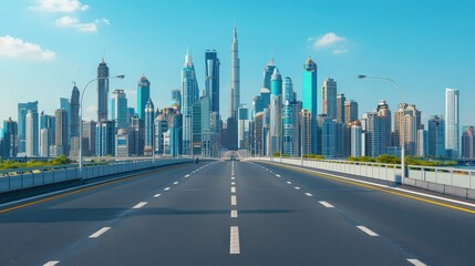 Modern high-tech buildings along an empty highway, futuristic cityscape, bright blue sky, horizontal layout