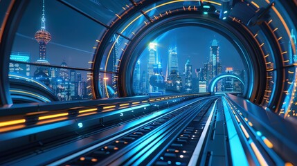 Empty modern highway in a futuristic city, high-tech buildings, bright blue sky, horizontal format