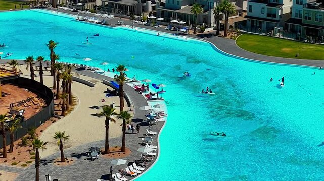 Aerial footage of people enjoying the summer sun on the pool in Desert Color neighborhood, Utah, USA