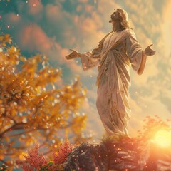 Jesus with open arms, the sun shining towards Him, symbolizing divine love and enlightenment. Perfect for themes of faith, spirituality, and hope