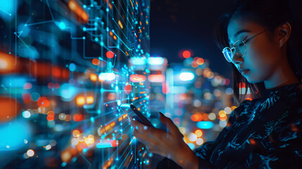 In a nighttime office environment, a woman with a tech overlay on her phone conducts finance research, data analytics, or digital tasks. She embodies expertise in cybersecurity or fintech