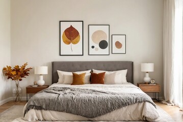 Autumn bedroom with bed, table lamp, and minimal art frame on the wall.