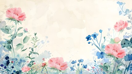 Delicate Floral Border Design with Pink Peonies and Blue Forget me nots on Blank Watercolor Painting Background