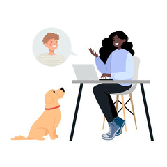 Freelance girl working at home next to her dog