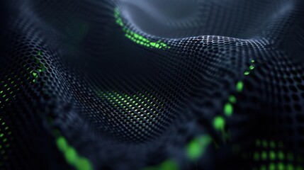 Dark plexus mesh with bright green accents, copy space in the lower center for text