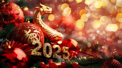 Fototapeta premium A green snake is on a green background with red roses. New Year's Eve 2025.