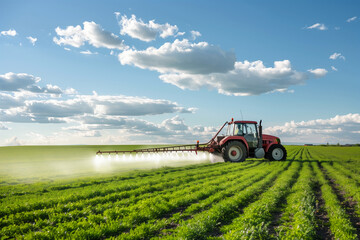 A tractor sprays a field of green crops on a sunny day. The tractor is driving across the field