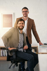 Small business, happy businessmen and portrait in office for design, creativity and working at...