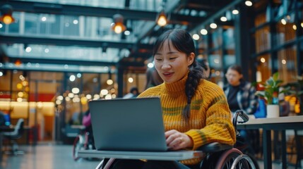 Fototapeta premium Close-up of an Asian employee sitting in a wheelchair in a modern, accessible office space. The employee is engaged in work on a laptop, with a focused expression. The diverse team in the background